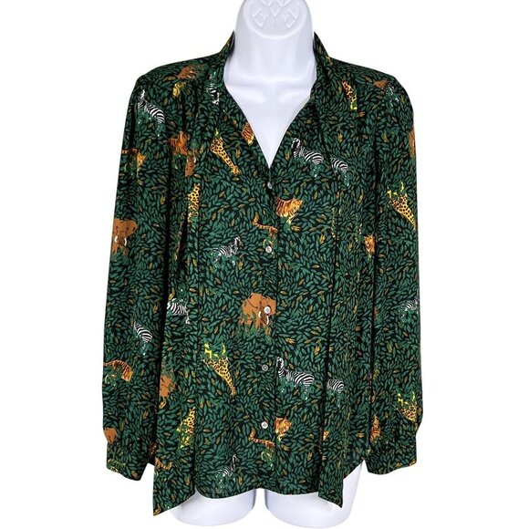 J.Crew Womens Green Jungle Print Long Sleeve Button Up Blouse Tie Neck XXS Artsy - Picture 5 of 15